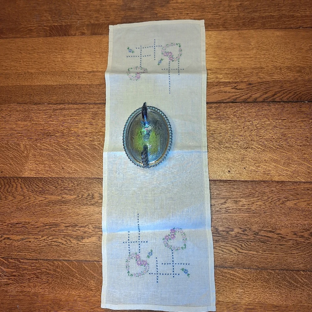 Vintage Embroidered Hearts & Flowers Linen Table Runner, 11.5